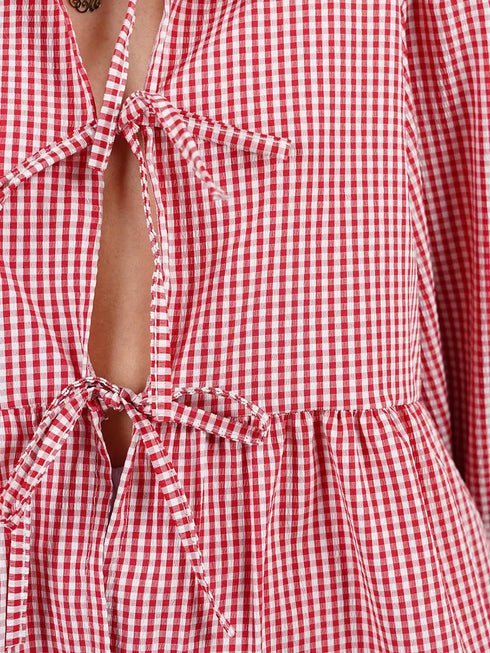 'Adalet' Linen Look Tie Front Smock Blouse - Celes Fashion